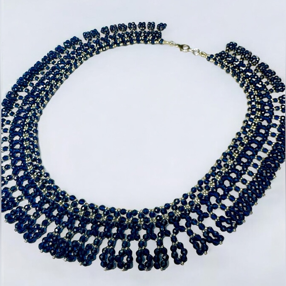 Handmade “Sapphire” Glass Seed Bead Ukrainian Gerdan Necklace- Formal Pa…